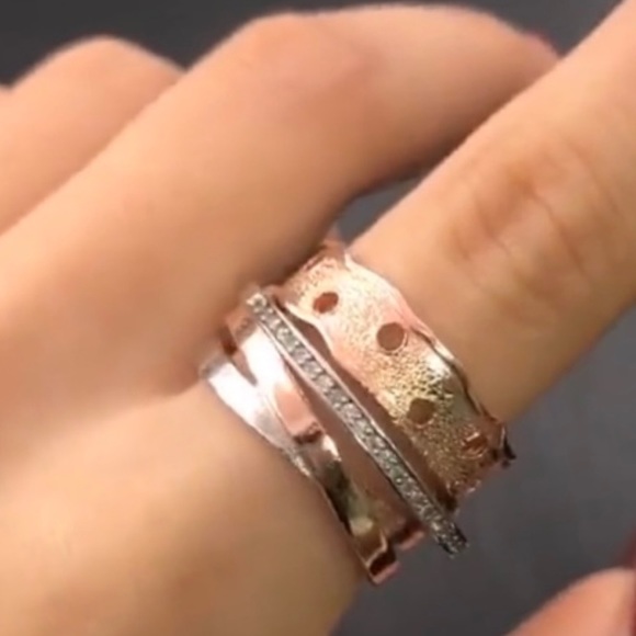 NEW Rose Gold & Silver Colored 2-Tone Multilayer Wide Ring - Picture 6 of 9